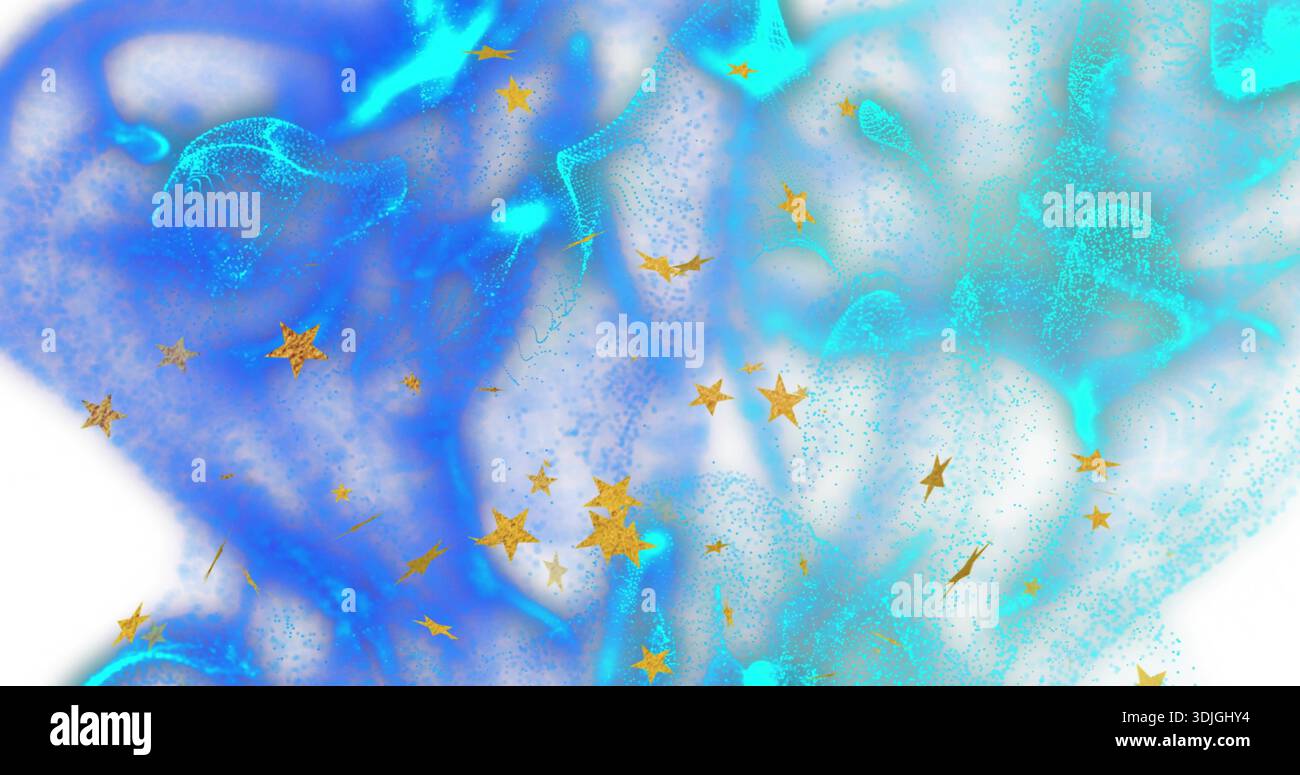 Grappolo fluido blu e verde acqua che si muove su sfondo bianco e presenta coriandoli con stelle dorate Foto Stock