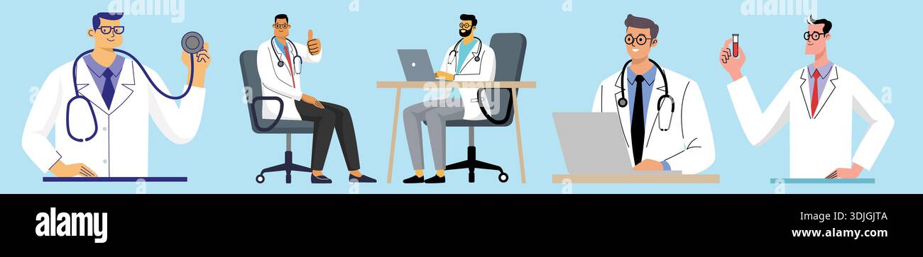 Cinque medici maschi in varie pose di lavoro mediche e di laboratorio. Illustrazione Vettoriale