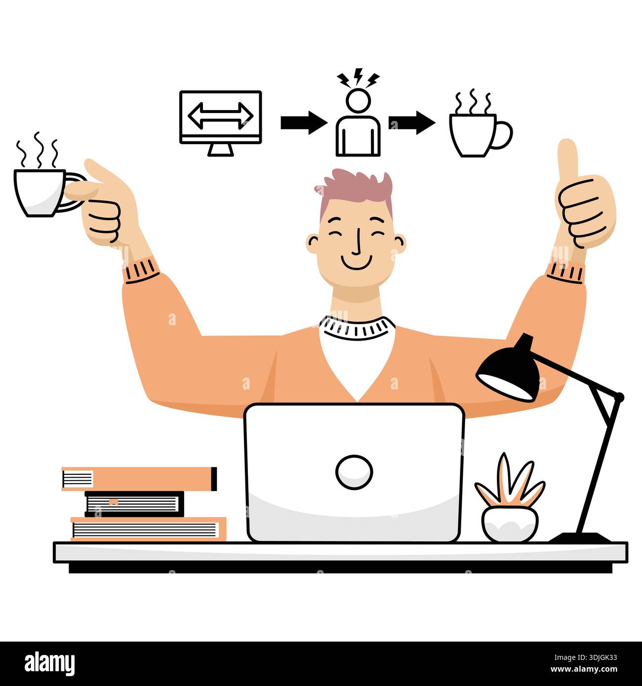 Uomo che lavora al notebook con caffè e mentalità positiva. Illustrazione Vettoriale