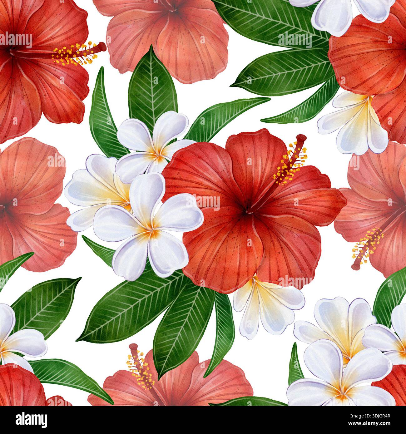 Motivo tropicale senza cuciture acquerello con ibisco rosso e fiori plumeria bianchi, foglie verdi su sfondo bianco, ideale per tessuti, carta da parati, involucri, cartoleria e design floreale estivo. Foto Stock