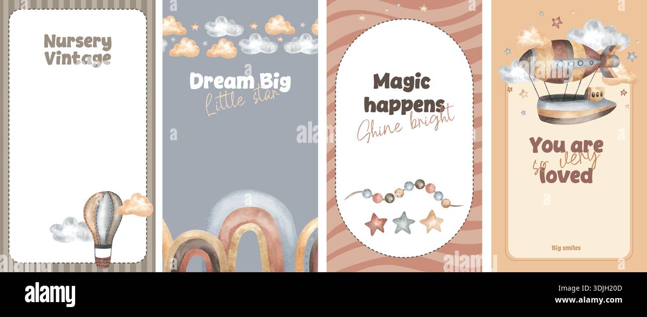 Carini poster bohémien per bambini. Modello di stampa boho vettoriale ad acquerello per decorazioni a parete nella camera dei bambini. Simpatico dirigibile e pallone aerostatico disegnato a mano Illustrazione Vettoriale