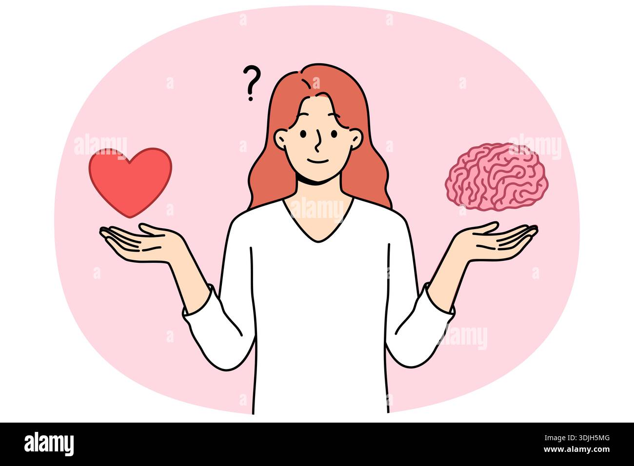 La donna cerca di trovare un equilibrio tra educazione e relazione romantica, tenendo il cuore con il cervello in mano. Scegliere le priorità della vita e l'equilibrio tra istinto o intelletto quando si prendono decisioni Illustrazione Vettoriale