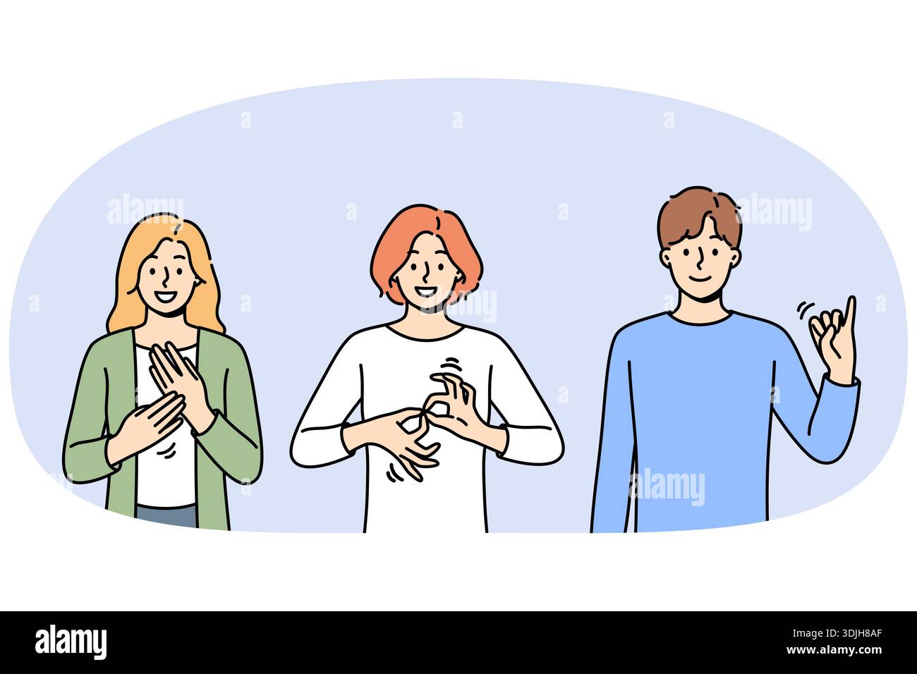 Le persone sorde e muti usano il linguaggio dei segni per comunicare facendo gesti diversi. Guy e due ragazze stanno imparando il linguaggio dei segni per essere in grado di comunicare con esseri umani con disabilità Illustrazione Vettoriale