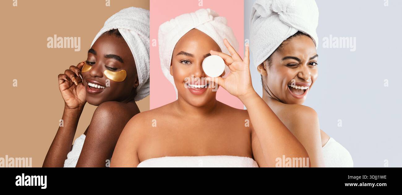 Donne che praticano rituali di bellezza in un colorato ambiente collage con trattamenti viso Foto Stock