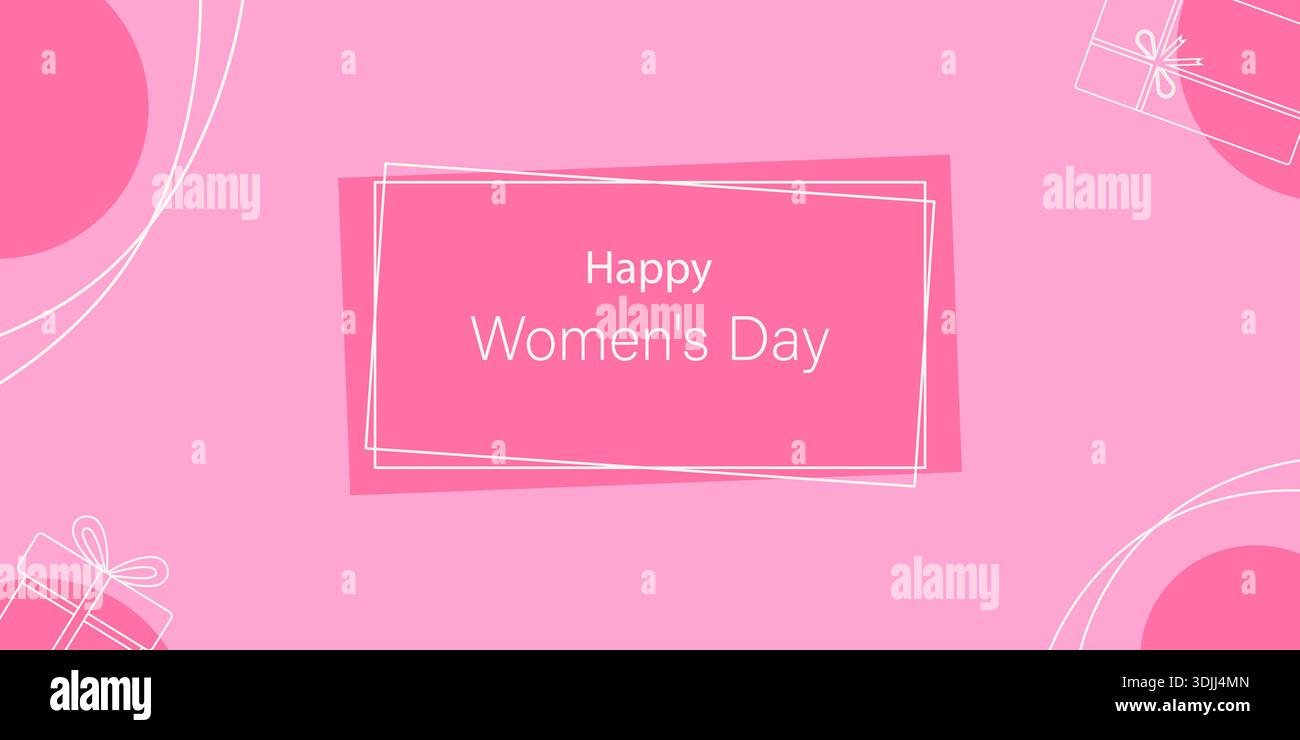 Iscrizione per l'happy Womans Day e confezione regalo linee chiare sul modello di formato banner rosa tenue. Biglietti tematici per il giorno delle donne supporti di esempio post banner materiali di stampa, opuscoli, invito alla festa Illustrazione Vettoriale