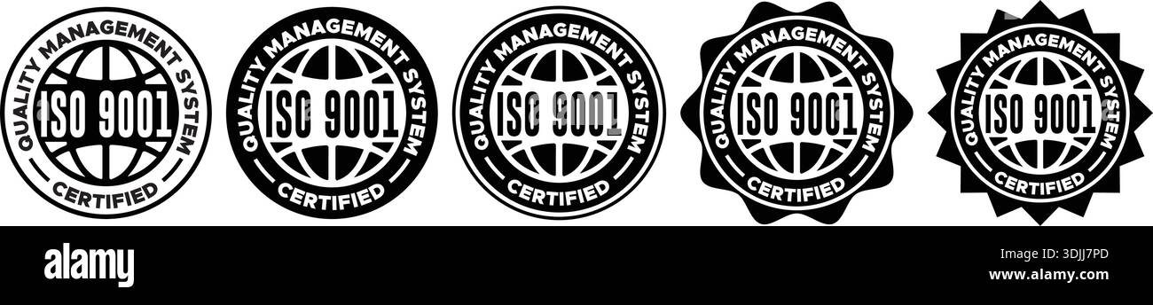 Etichette e badge di gestione della qualità certificati ISO 9001 - Set vettoriale per certificazione, conformità e business Illustrazione Vettoriale