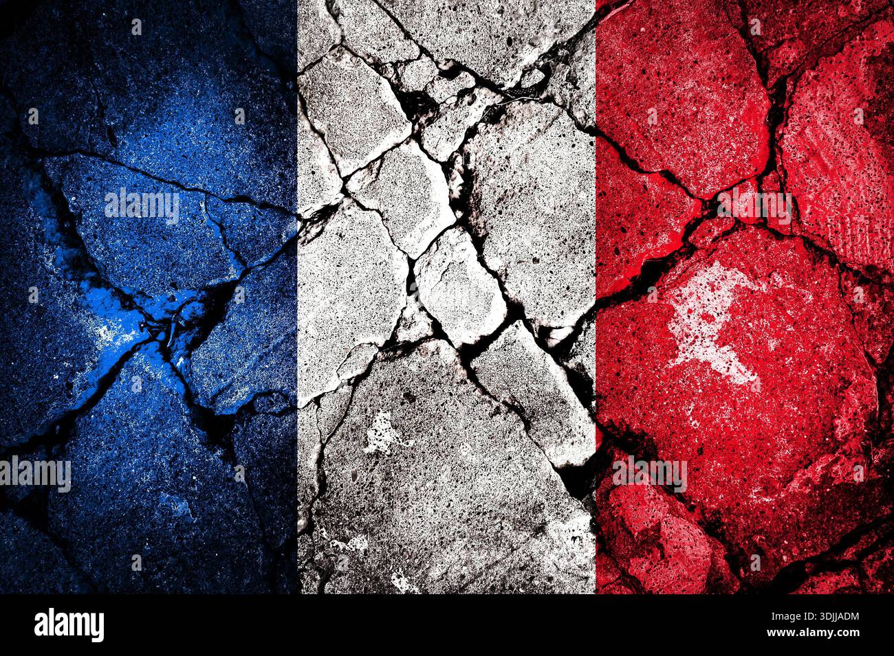 La bandiera francese è stata esposta diverse volte. Utilizzare come mappa di base o sfondo. Ologramma creativo a doppia esposizione. Foto Stock