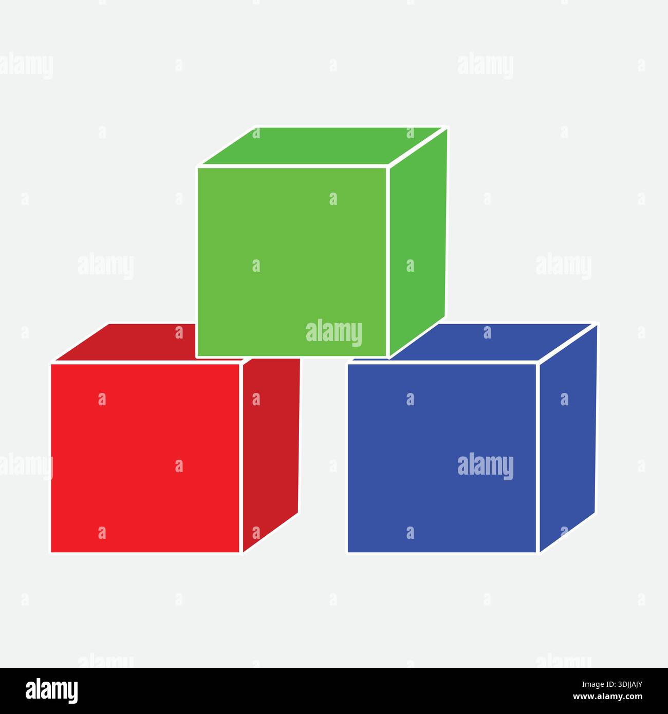 Tre cubi 3D colorati sovrapposti in rosso, verde e blu, semplici blocchi geometrici isolati su sfondo bianco, illustrazione di design minimalista. Illustrazione Vettoriale