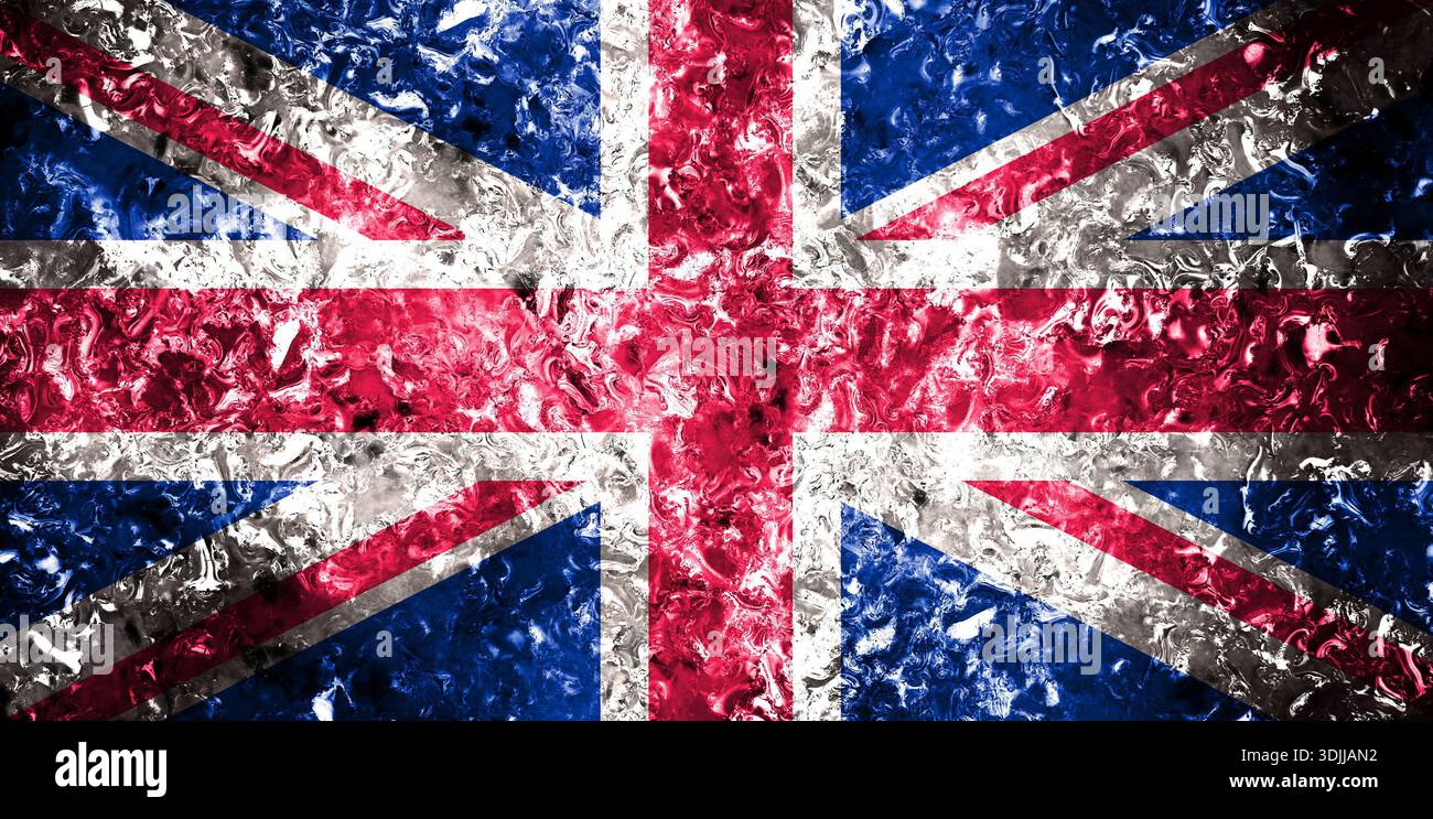 Doppia esposizione della spaventosa bandiera Union Jack. Mappa di base o uso dello sfondo. Bandiera britannica ologramma creativo a doppia esposizione Foto Stock