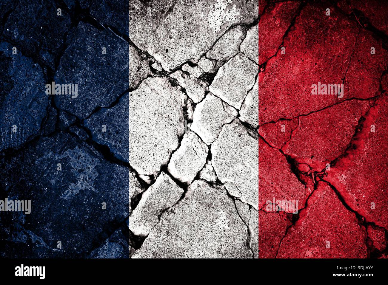 La bandiera francese è stata esposta diverse volte. Utilizzare come mappa di base o sfondo. Ologramma creativo a doppia esposizione. Foto Stock