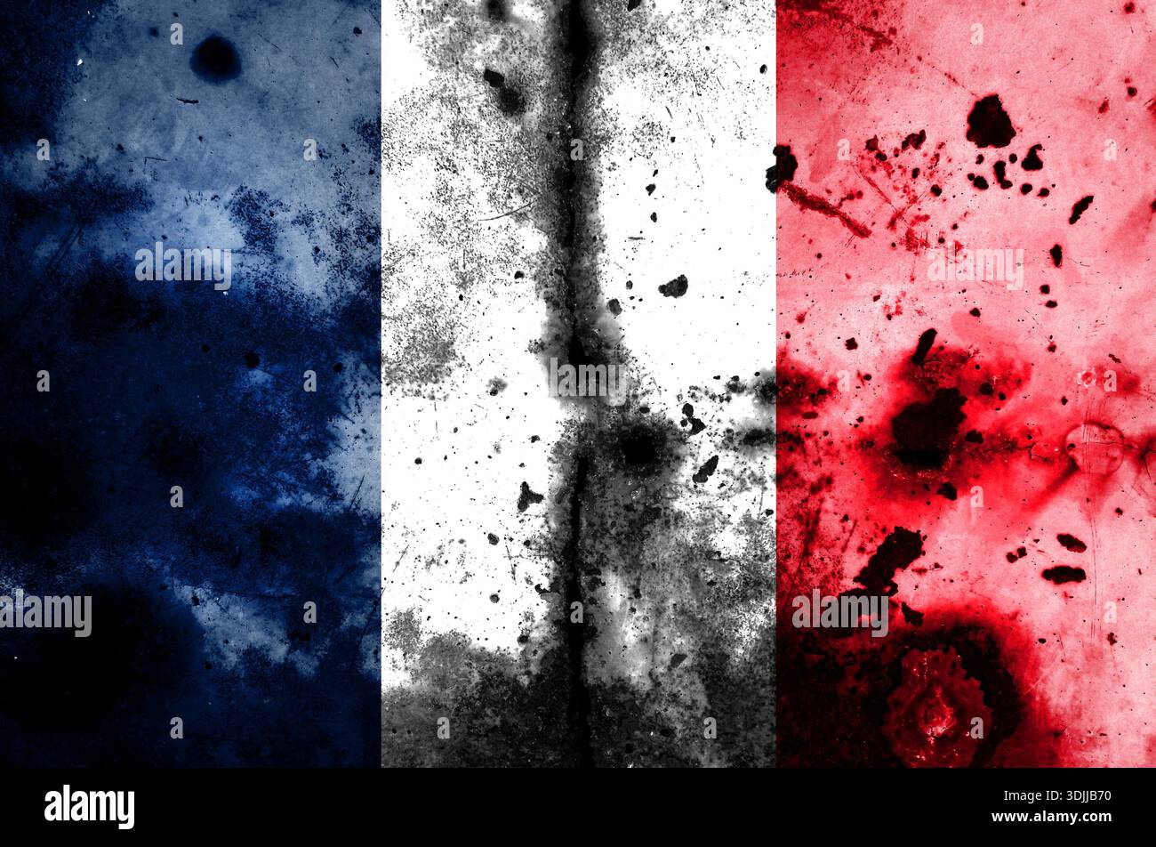 La bandiera francese è stata esposta diverse volte. Utilizzare come mappa di base o sfondo. Ologramma creativo a doppia esposizione. Foto Stock