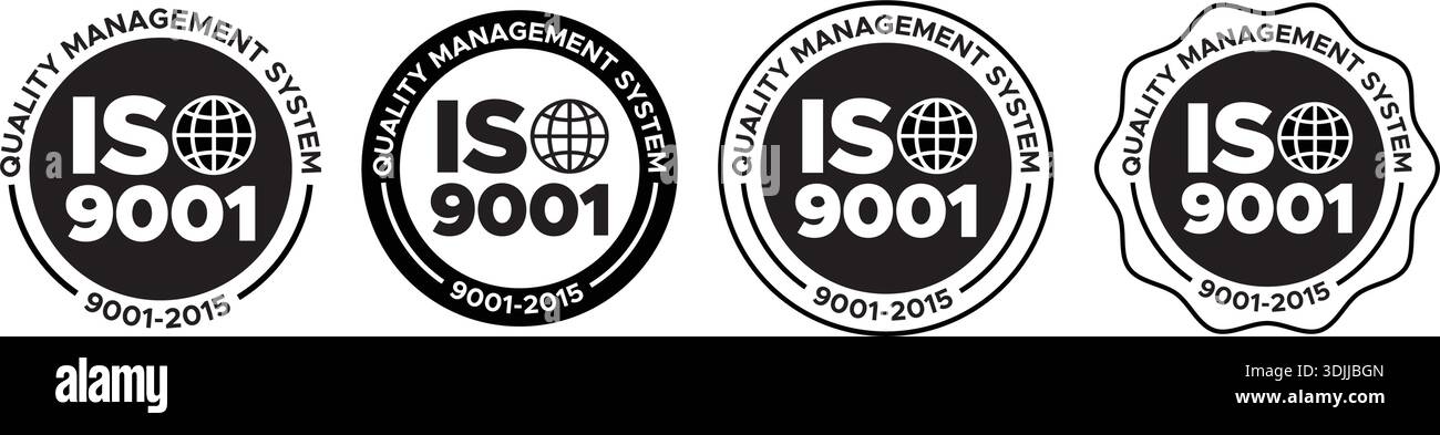 Etichette e badge di gestione della qualità certificati ISO 9001 - Set vettoriale per certificazione, conformità e business Illustrazione Vettoriale