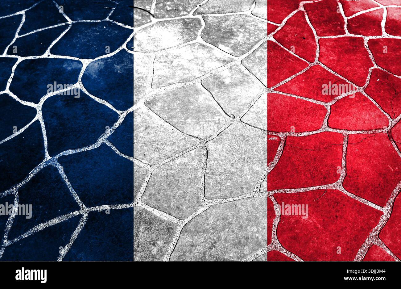 La bandiera francese è stata esposta diverse volte. Utilizzare come mappa di base o sfondo. Ologramma creativo a doppia esposizione. Foto Stock