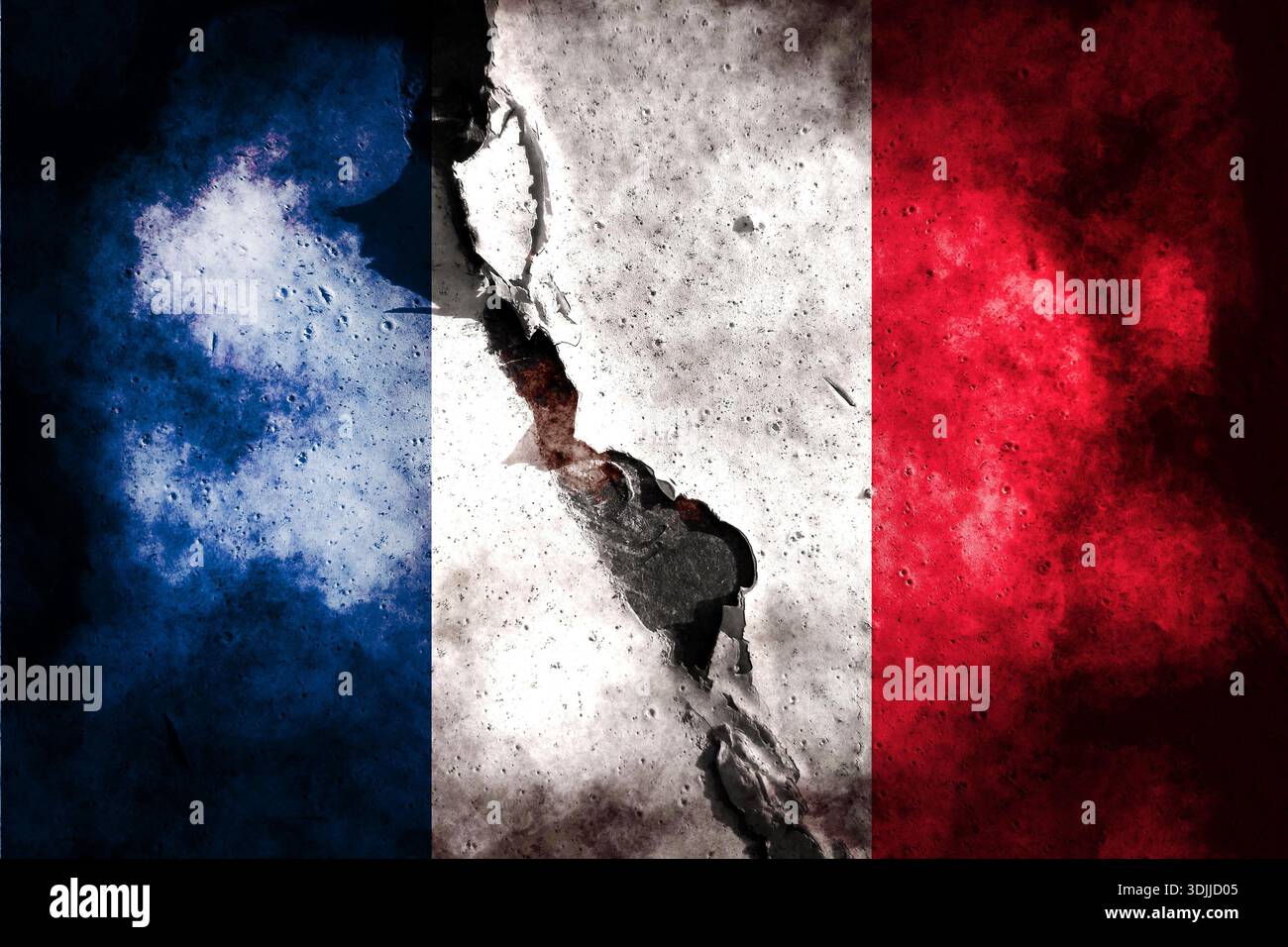 La bandiera francese è stata esposta diverse volte. Utilizzare come mappa di base o sfondo. Ologramma creativo a doppia esposizione. Foto Stock