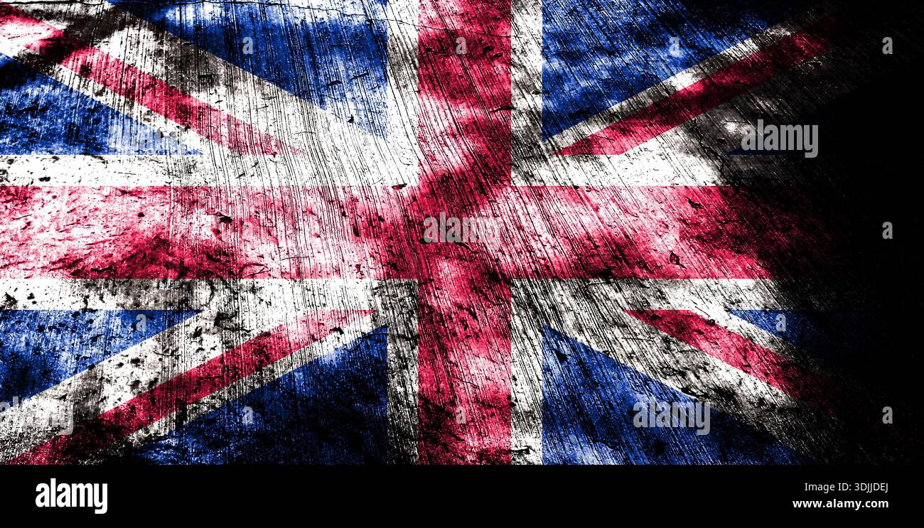 Doppia esposizione della spaventosa bandiera Union Jack. Mappa di base o uso dello sfondo. Bandiera britannica ologramma creativo a doppia esposizione Foto Stock