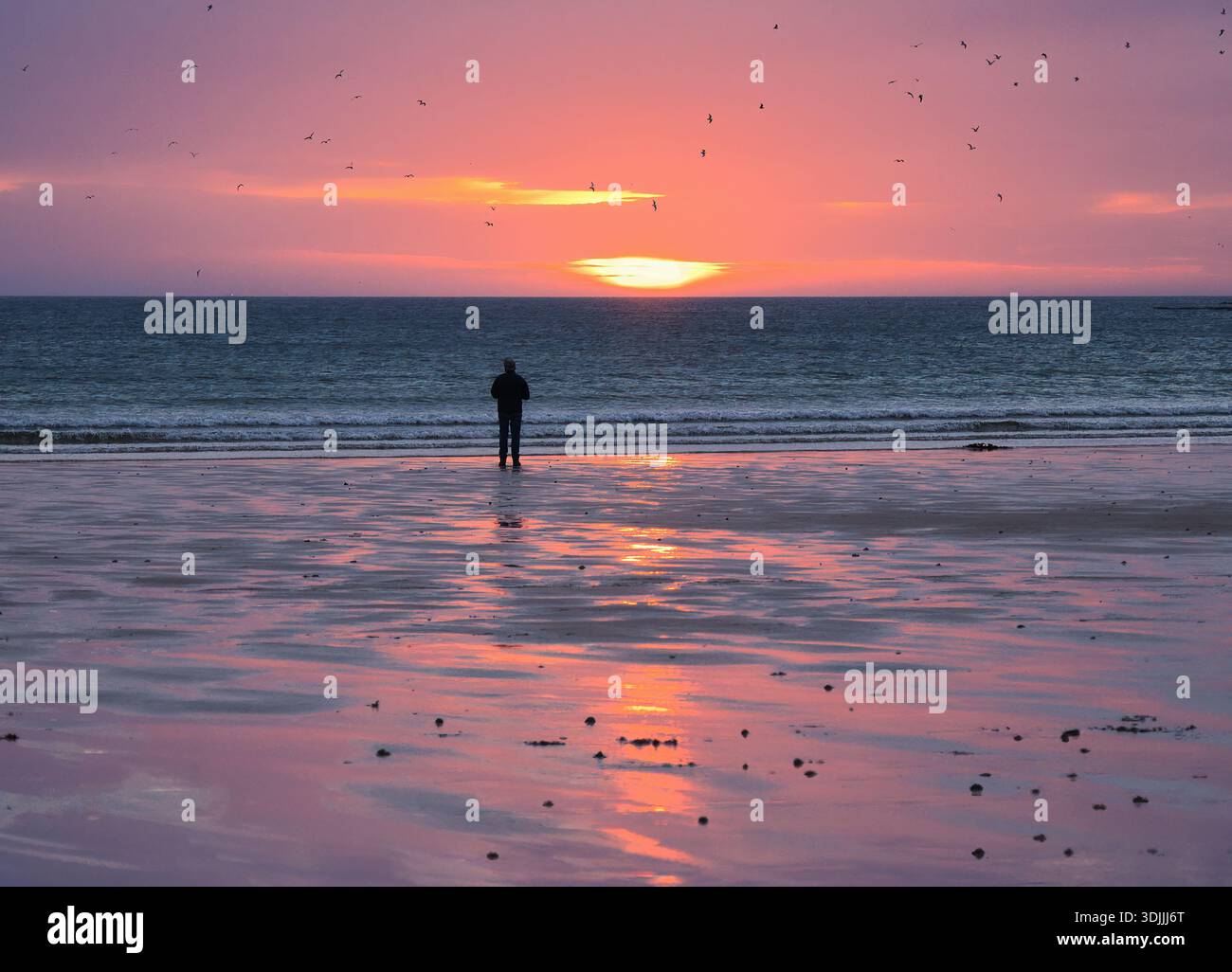 Immergiti nella vista del tramonto sulla spiaggia di Dunnet Bay mentre gli uccelli selvatici volano sopra la testa dalla vicina Dunnet Head. Foto Stock