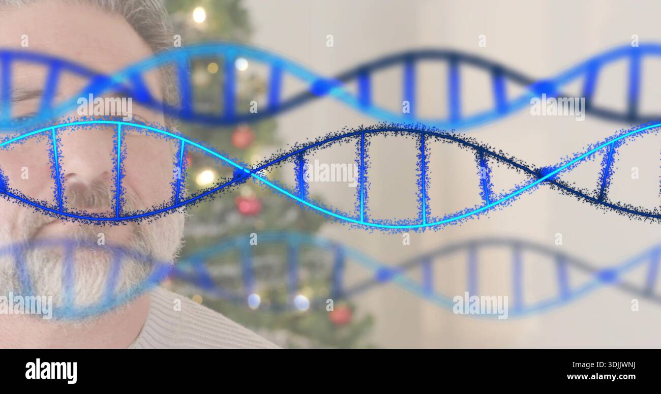 Di fronte a un uomo barbuto che indossa la parte superiore a costine a casa, mostra il DNA e l'albero di Natale, copia spazio Foto Stock