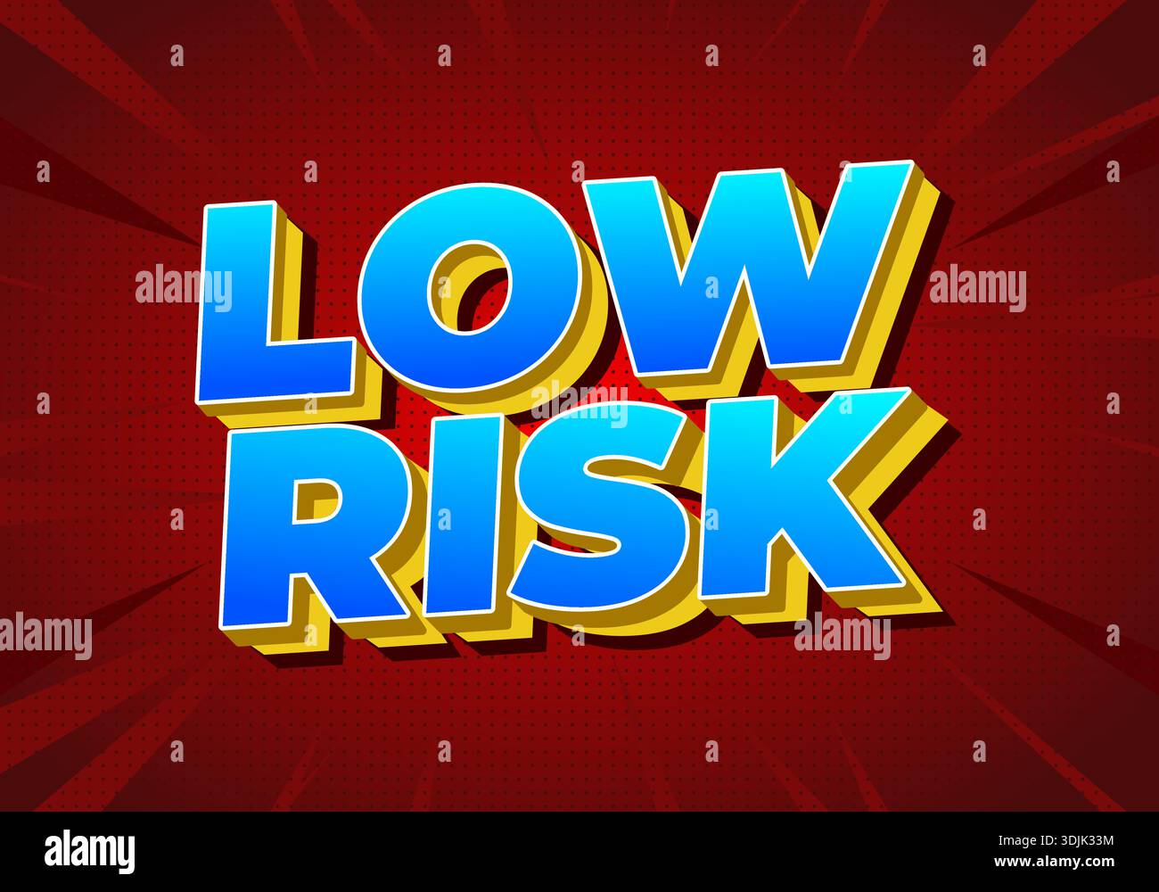Grafica vivace con testo A BASSO RISCHIO in lettere colorate e audaci su sfondo rosso con effetti comici. Illustrazione Vettoriale
