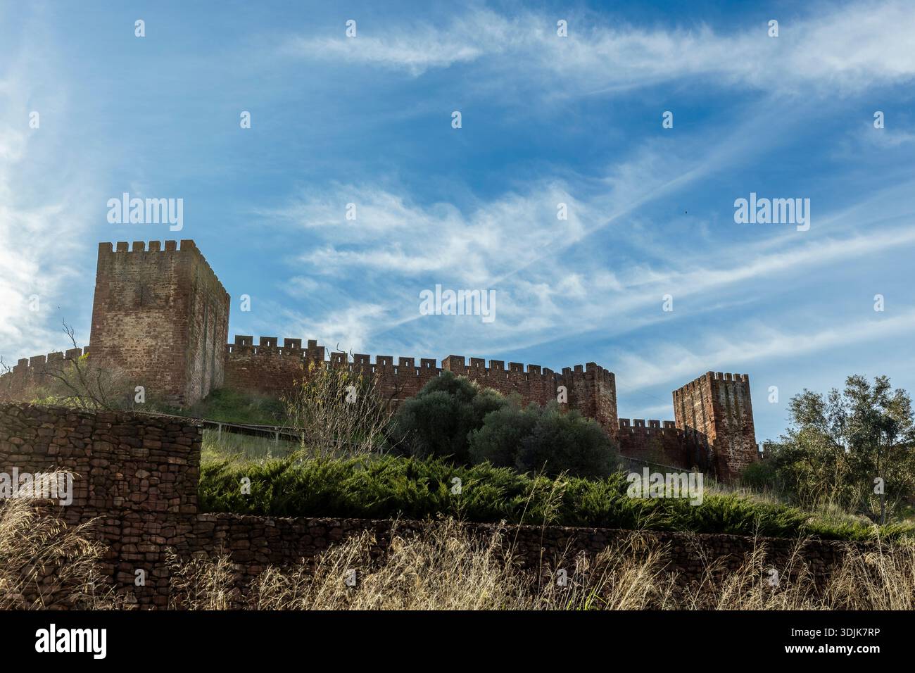 Vista del medievale Castelo de Silves che sorge sopra la città vecchia, con le mura e le torri della fortezza in arenaria rossa a Silves, Algarve, Portogallo. Foto Stock