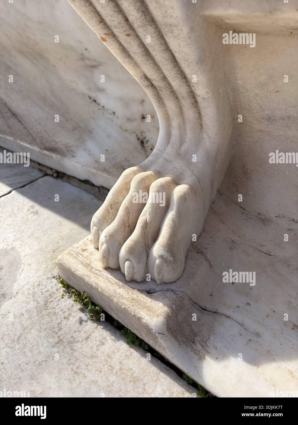 Dettaglio di una scultura di zampa in marmo allo Stadio Panatenaico (Kallimarmaro), Atene, Grecia. Dettaglio della struttura in marmo pentelico, che simboleggia la forza. Foto Stock