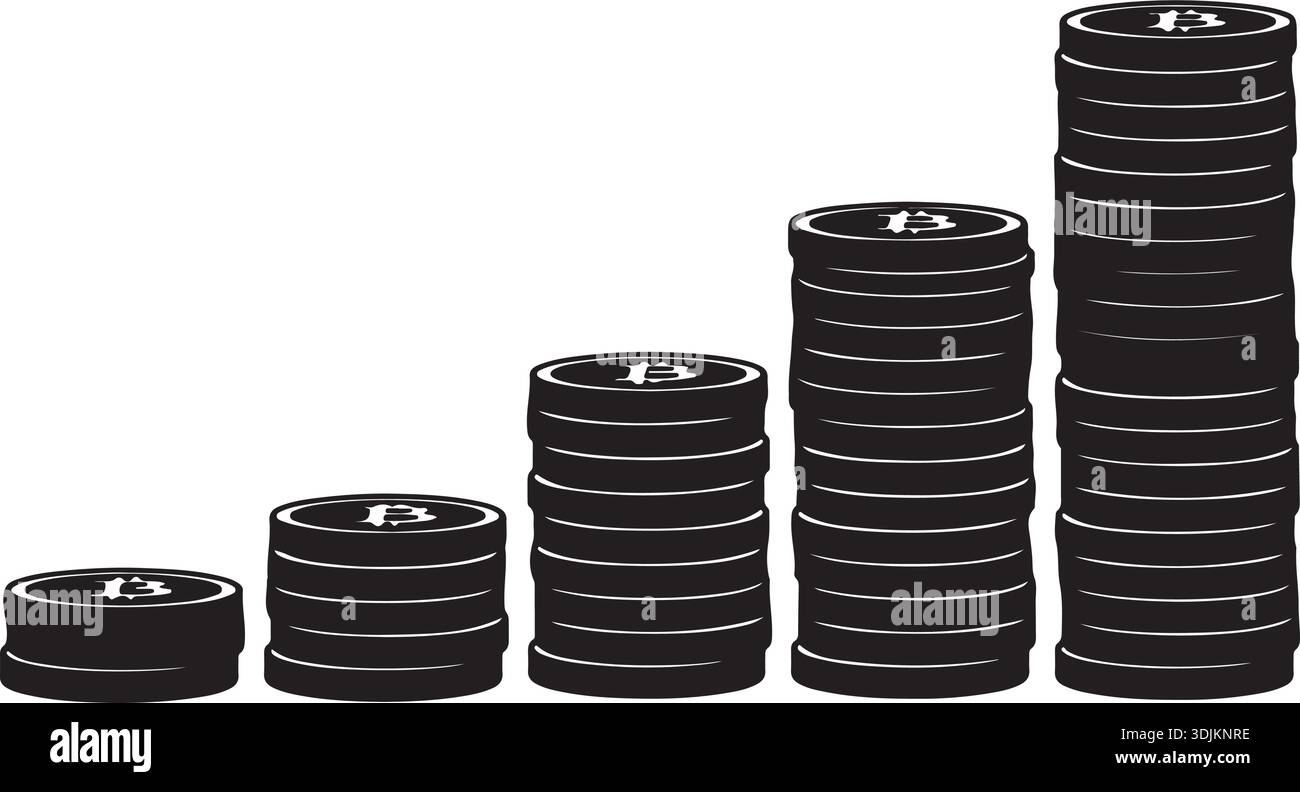 Immagine vettoriale in bianco e nero di cinque pile di monete in aumento con il simbolo "B", che rappresenta la crescita, la finanza e gli investimenti. Illustrazione Vettoriale