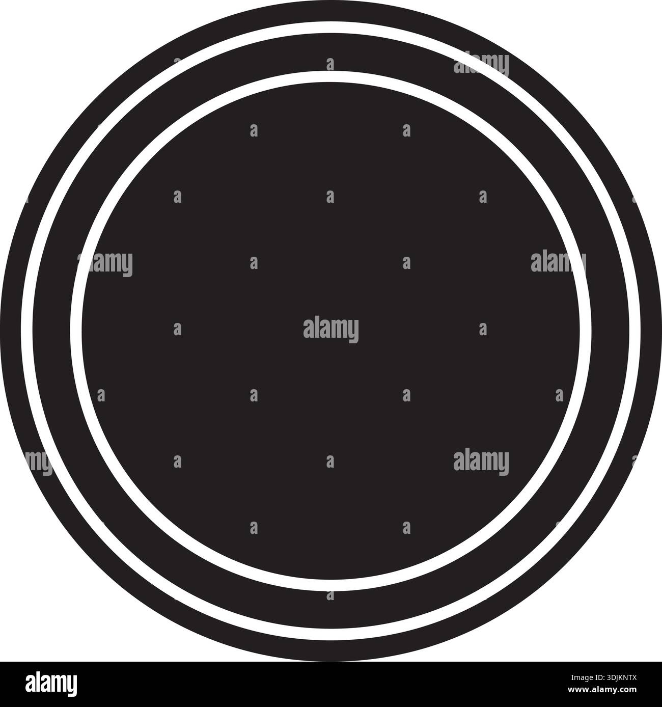 Icona circolare nera con doppio contorno bianco, isolata su sfondo bianco, che rappresenta un pulsante o un simbolo generico. Illustrazione Vettoriale