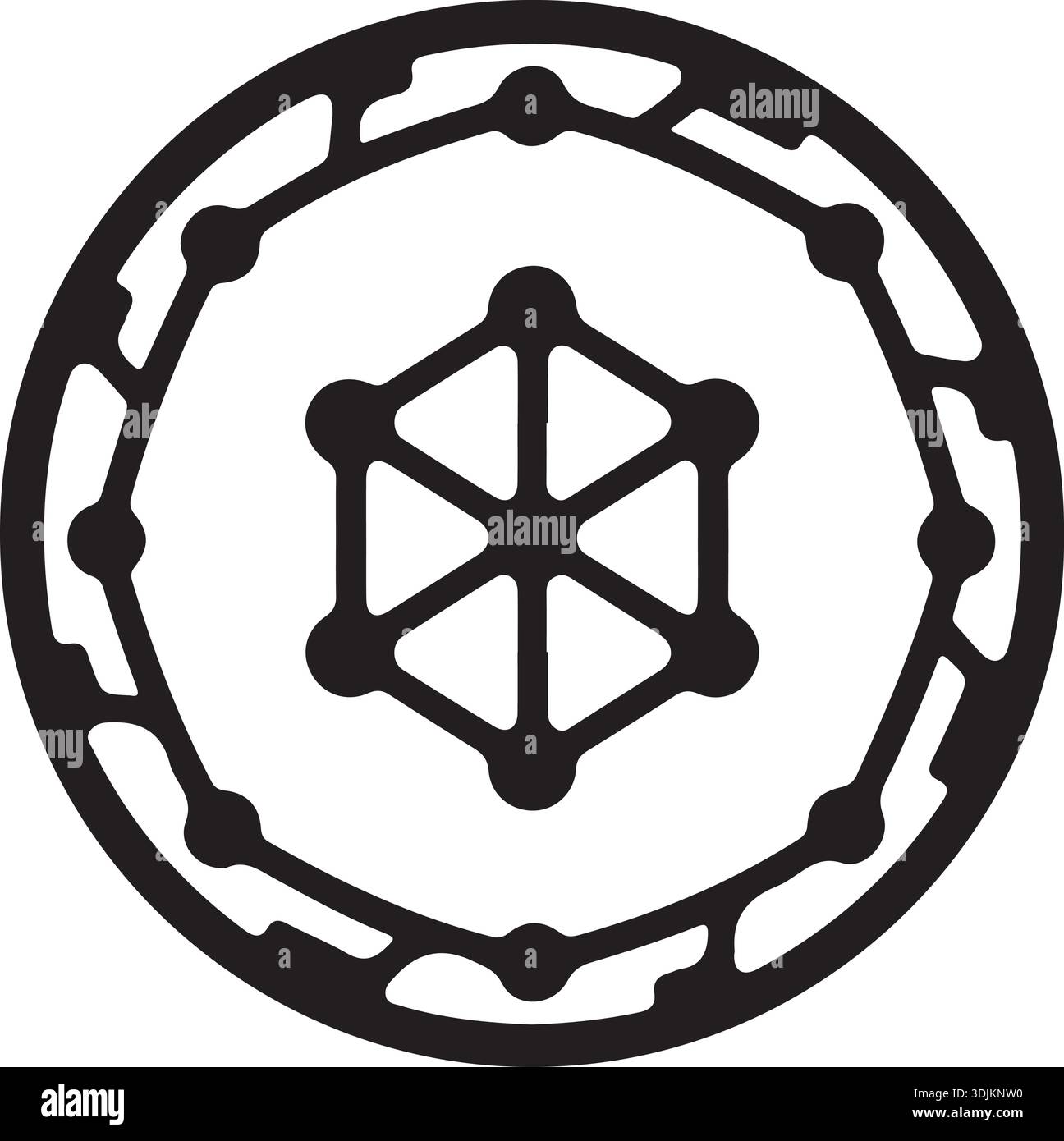 Simbolo geometrico astratto bianco e nero con una griglia esagonale centrale di punti collegati all'interno di un bordo circolare decorativo, isolato sul bianco. Illustrazione Vettoriale