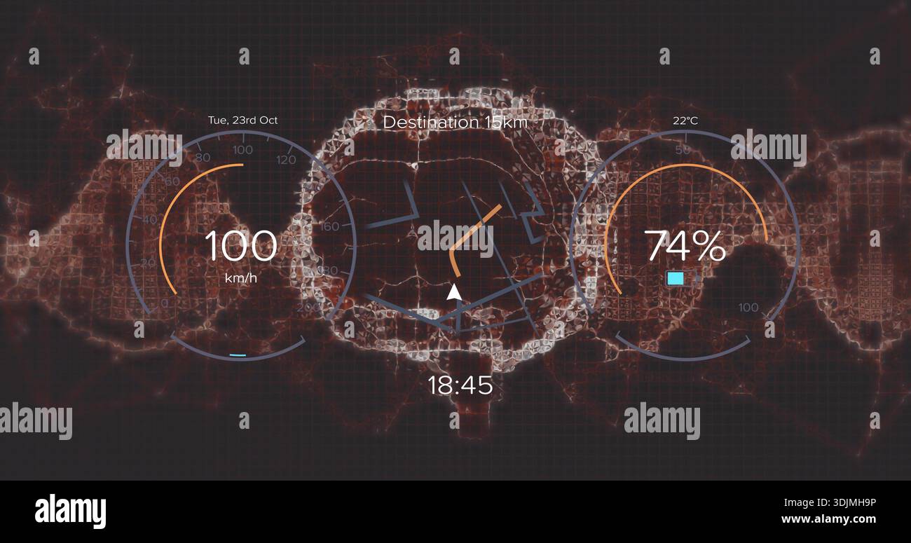 Visualizzazione dell'HUD centrale sulla mappa della città che mostra l'anello a maglia, la freccia, Dest 15 km, 18:45, 100 km o h, 74% o. Foto Stock