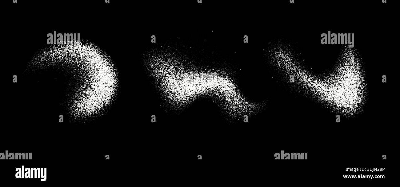 Spruzzi di sale o zucchero in polvere. Pali di polvere bianca, sabbia o neve. Le particelle di fiori volanti esplodono. Spezie scaglie o granuli sparsi sulla superficie. Macchie di grana spruzzata, punti, pezzi Illustrazione Vettoriale