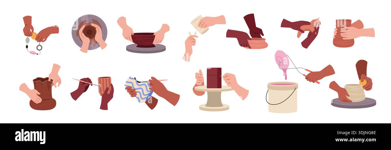 Mani in vasino. I ceramisti lavorano con l'argilla, la modellazione delle ruote, la verniciatura e l'applicazione di smalti, la creazione di stoviglie, il processo di lavorazione delle officine, artigianato artigianale Illustrazione Vettoriale