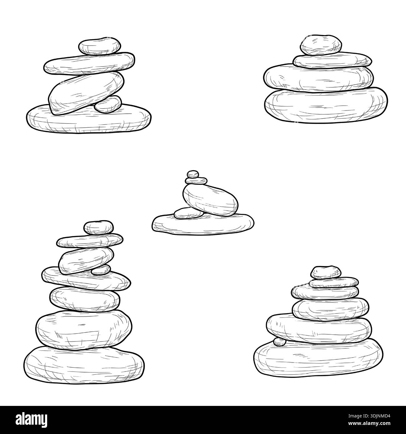 Piramide di pietre lisce per la meditazione, semplice schizzo in bianco e nero. Illustrazione vettoriale. Ciottoli piegati in equilibrio e ciottoli di mare, set di silhouette Illustrazione Vettoriale