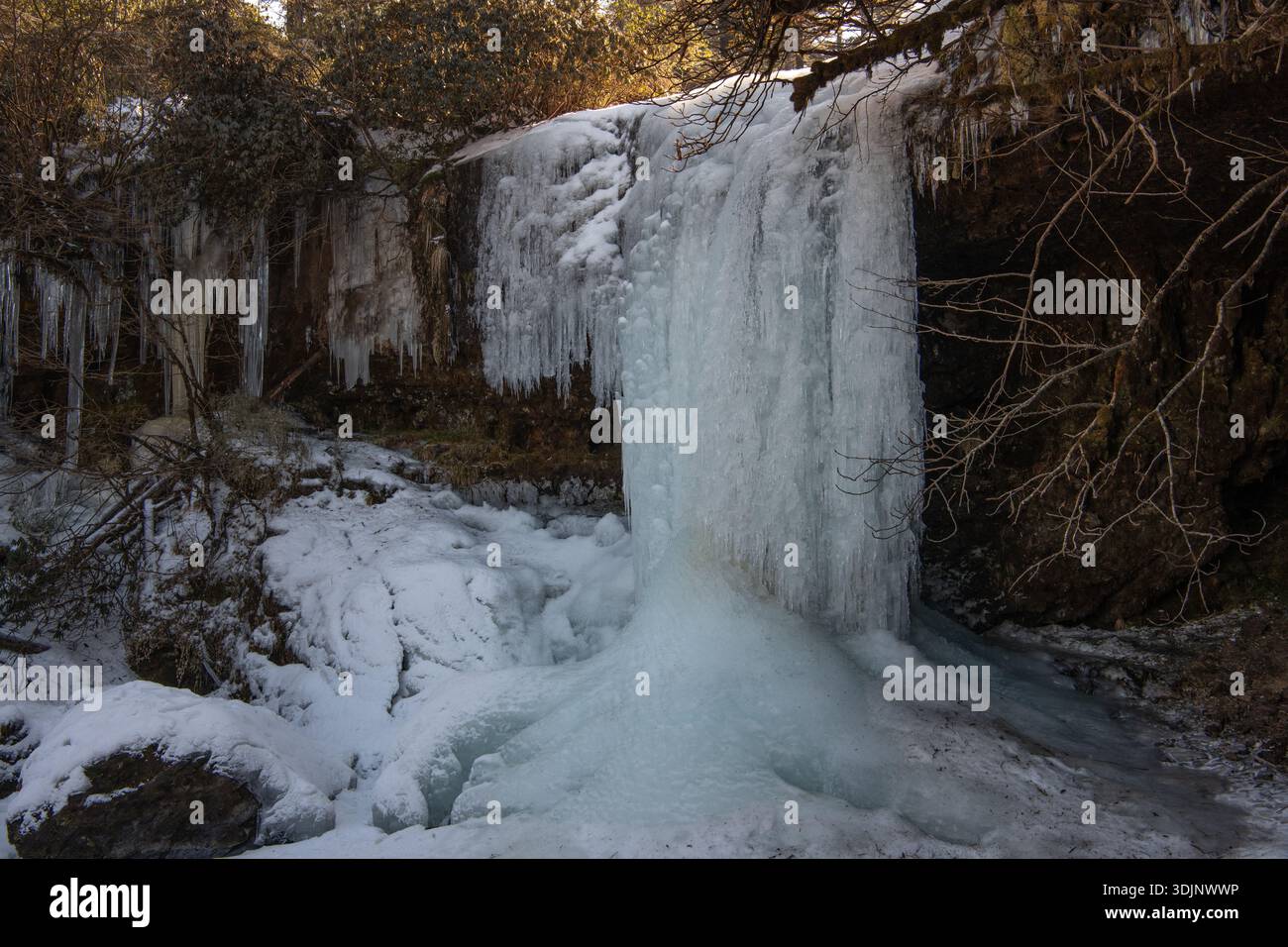 Una cascata ghiacciata in inverno sul monte Wawu nel Sichuan, in Cina. Ghiaccioli e ghiaccio pendono nelle vicinanze delle sporgenze rocciose. Foto Stock