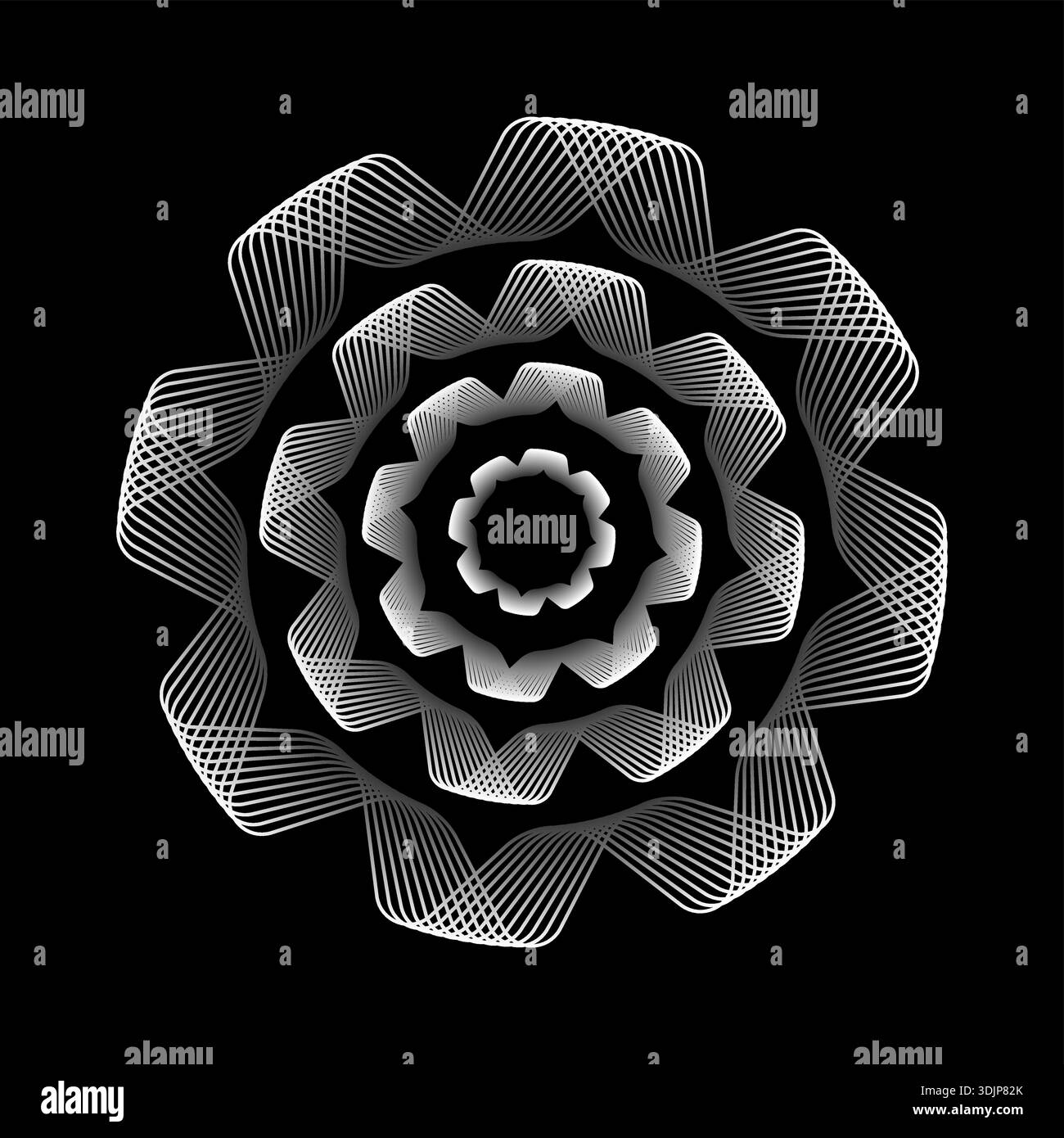 Illustrazione vettoriale astratta di una rosa o di un fiore bianco geometrico con linee fluide. Sfondo nero. Elegante line art adatta per lo sfondo. Vettore Illustrazione Vettoriale