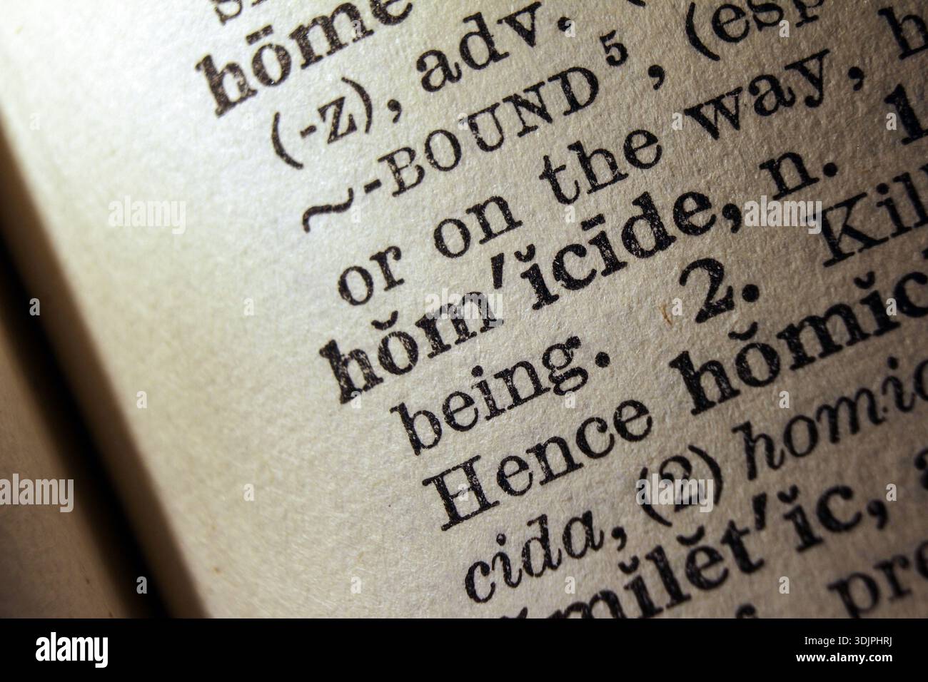 Omicidio di parole stampato sulla pagina del dizionario, primo piano macro Foto Stock