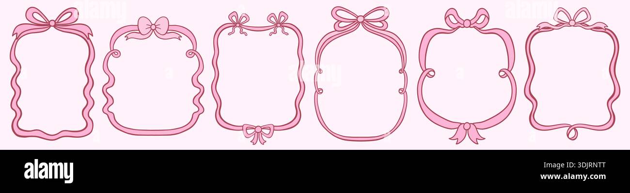 Grazioso set vettoriale con romantiche cornici a nastro con fiocchi, bordi rosa ondulati per disegni, inviti e menu di San Valentino e Natale Illustrazione Vettoriale