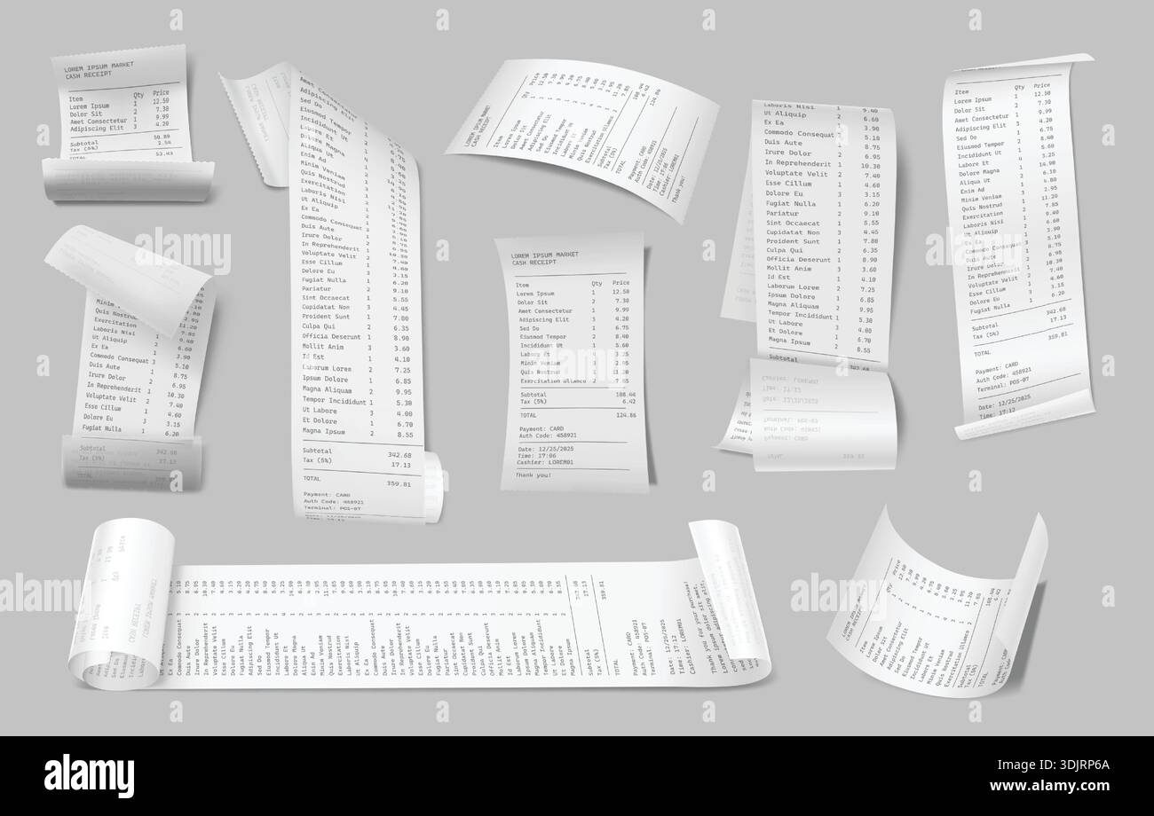 Mockup realistico 3d con ricevuta cartacea. Fattura e fattura del negozio di controllo. Ricevuta in rotoli bianchi, registrare la ricevuta stampata per la vendita. Set isolato vettoriale. Illustrazione Vettoriale
