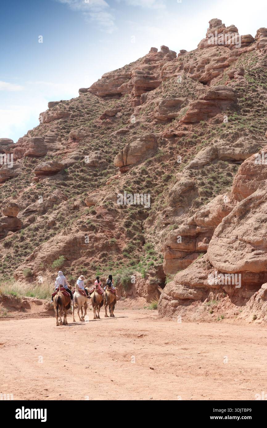 Squadra di giri turistici in cammello al Pingshan Hu Grand Canyon in estate, Zhangye City, provincia di Gansu in Cina Foto Stock