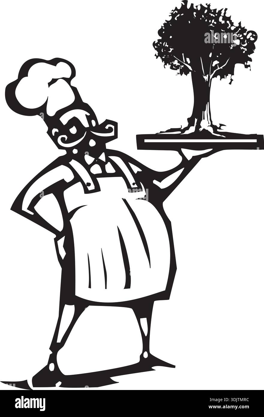 Xilografia stile immagine di uno chef francese che serve un albero su un vassoio Illustrazione Vettoriale