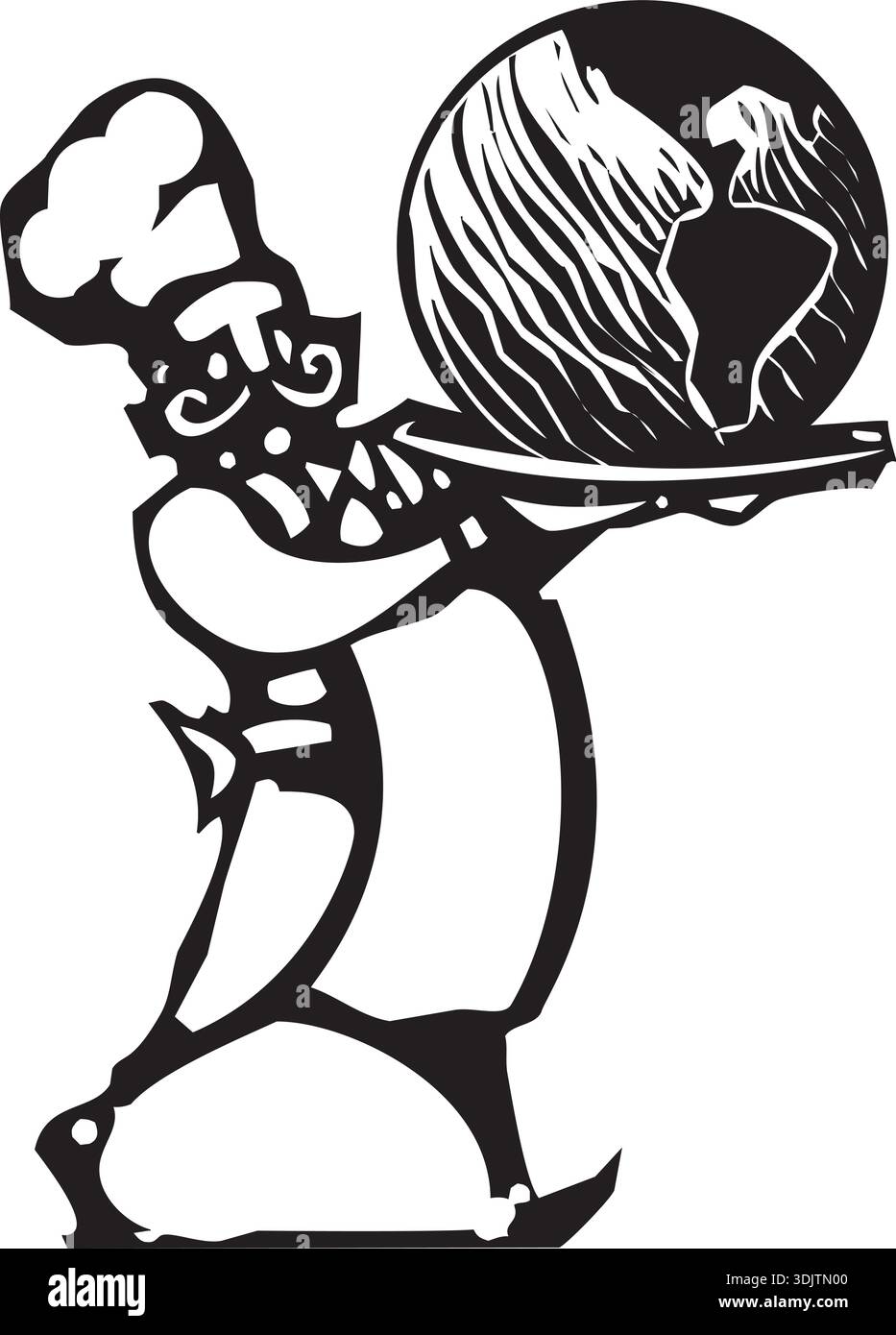 Xilografia stile immagine di uno chef francese che serve un albero su un vassoio Illustrazione Vettoriale