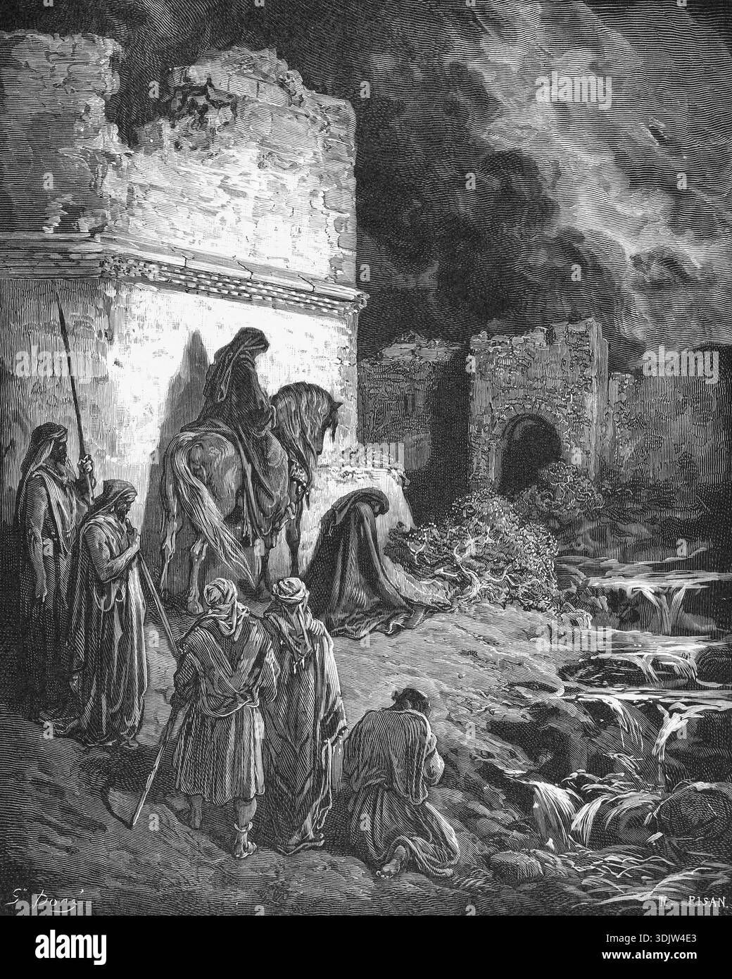 Neemia e i suoi compagni alle porte della città di fronte alle mura di Jesrmingham, Israele, Bibbia, Antico Testamento, Neemia 2, versetto 13, fuoco, conflitti, fumo Foto Stock