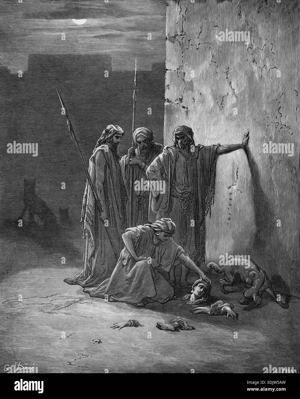 I compagni di Jehus trovano i resti di Jezebel, il suo cranio, i piedi e le mani, la Bibbia, l'Antico Testamento, Second Book of Kings, capitolo 9, versetto 35, Murder, remn Foto Stock