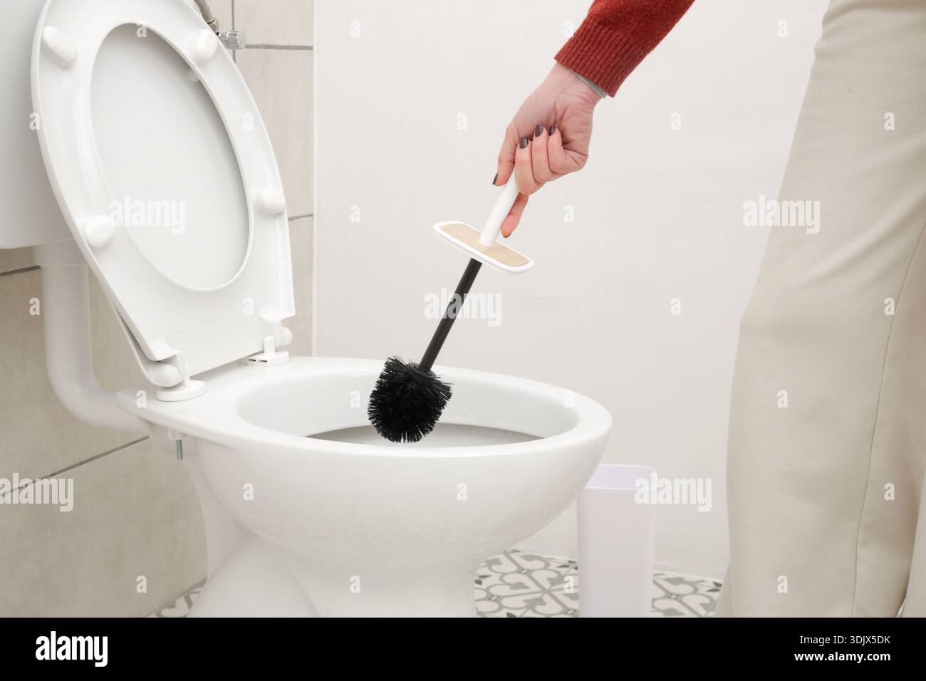 Igienizzazione per la persona con spazzola dopo l'uso - concetto di igiene del bagno e igienizzazione Foto Stock