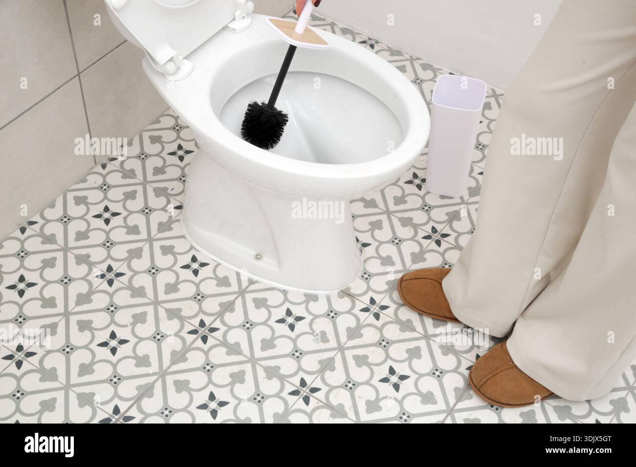 Igienizzazione per la persona con spazzola dopo l'uso - concetto di igiene del bagno e igienizzazione Foto Stock