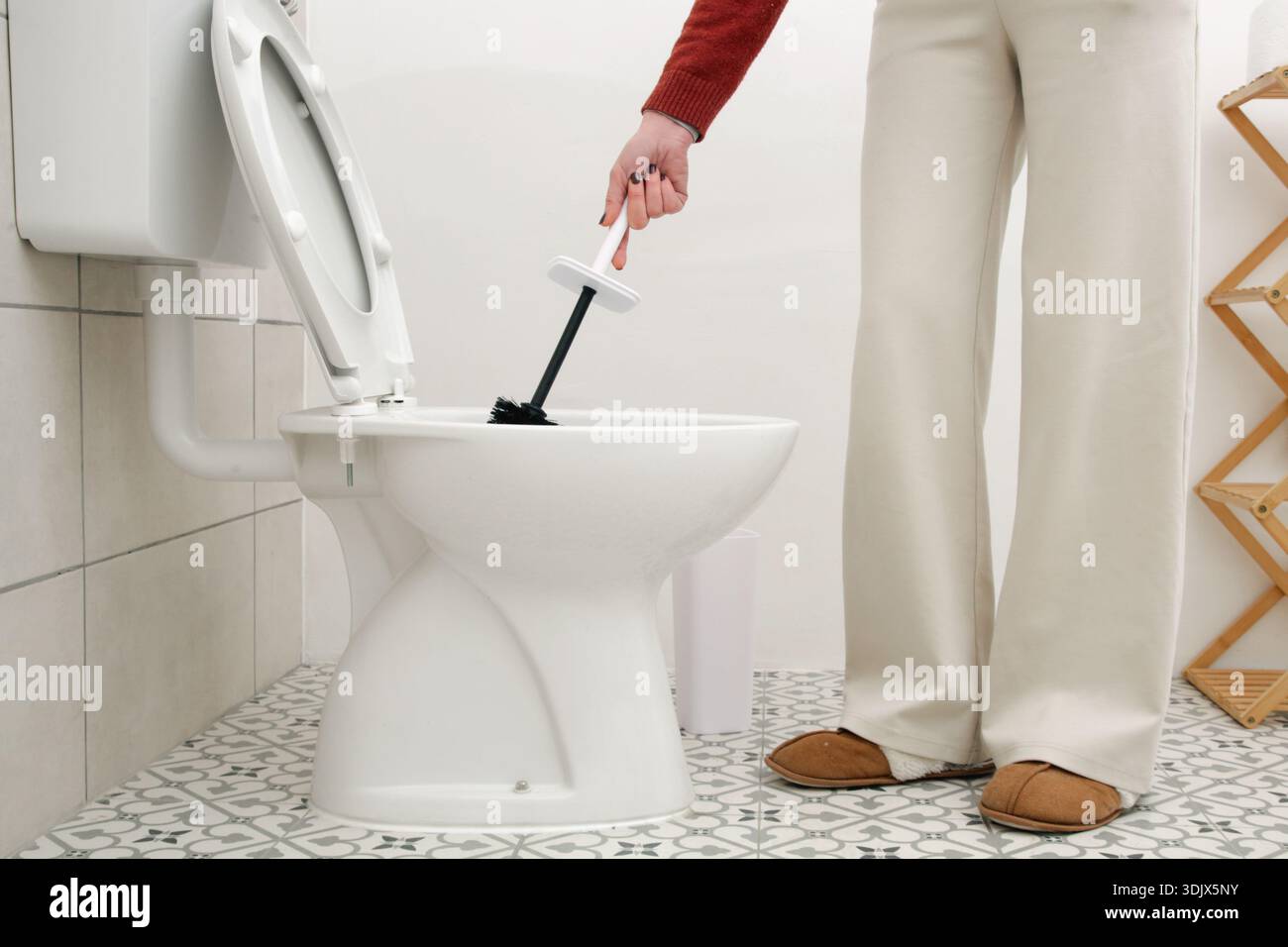 Igienizzazione per la persona con spazzola dopo l'uso - concetto di igiene del bagno e igienizzazione Foto Stock