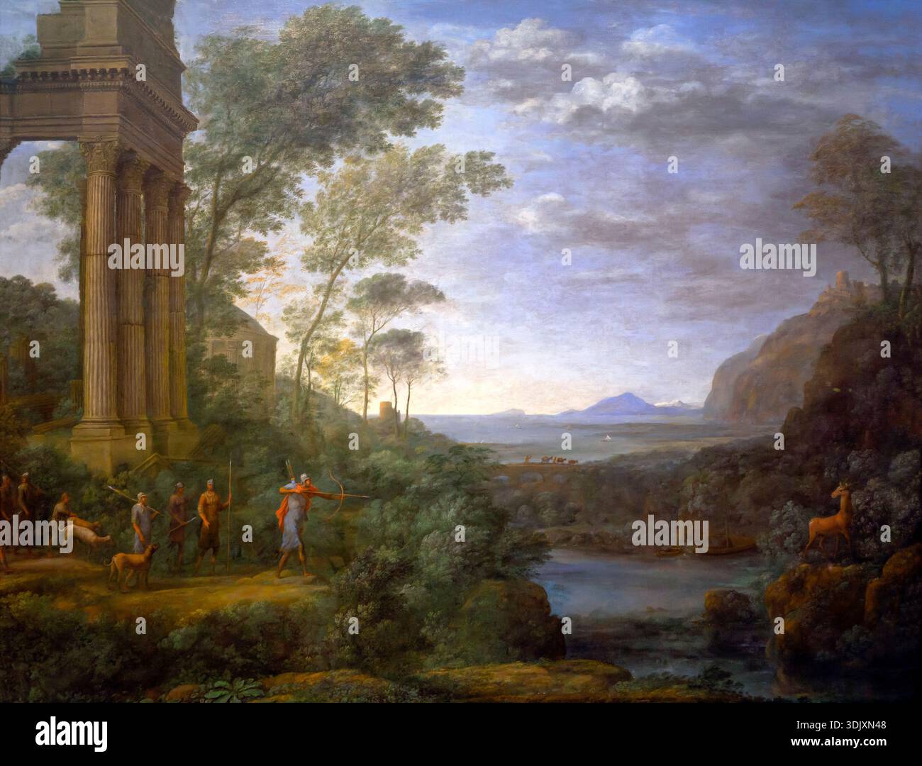 Paesaggio con Ascanius che gira il cervo di Sylvia, Claude Lorrain, 1682 Foto Stock