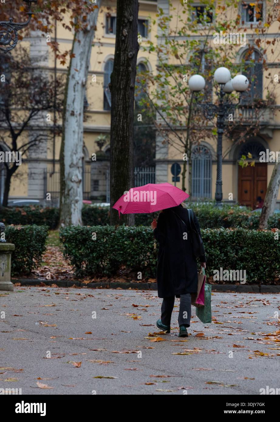 Una donna italiana con ombrello torna dallo shopping in un giorno d'inverno in un parco di quartiere con alberi - Firenze, Italia Foto Stock