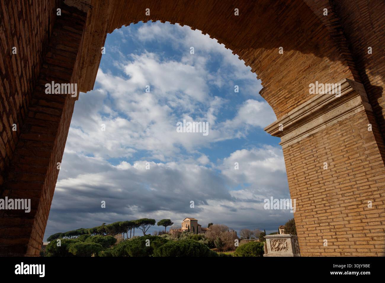 Vista dal Collosseo romano di pini sotto la Chiesa di San Bonaventura al Palatino sul colle Palantino - Roma, Italia Foto Stock