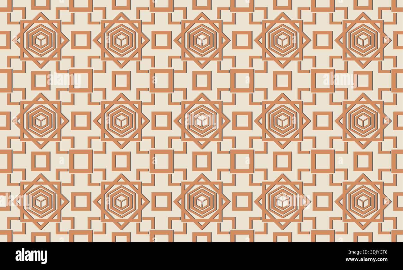 Un complesso motivo geometrico che mostra cubi isometrici all'interno di esagoni e quadrati annidati. Realizzato in una calda tavolozza arancione e crema. Illustrazione Vettoriale