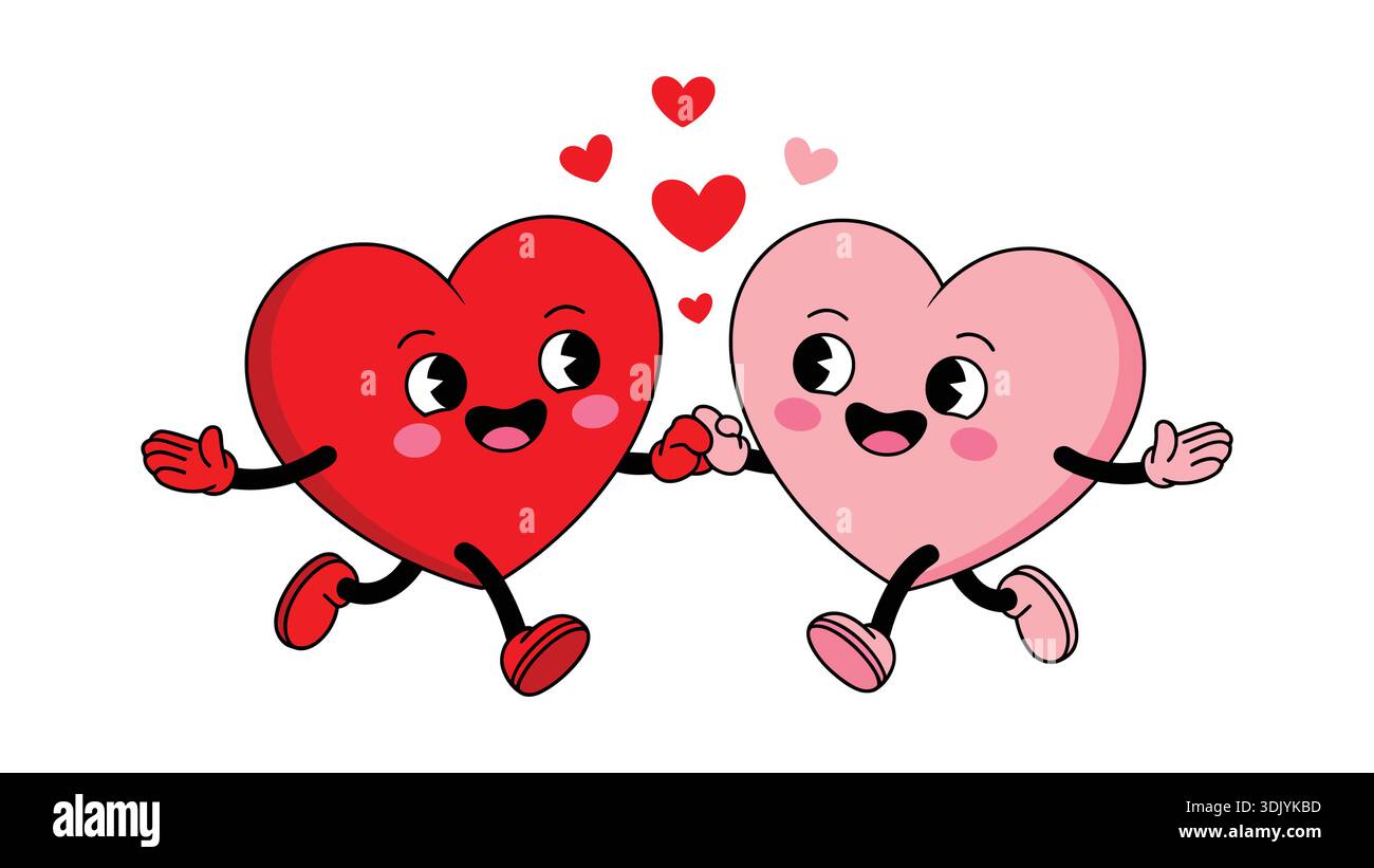 Carino cartone animato di san valentino che raffigura due personaggi sorridenti che si tengono per mano su sfondo bianco Illustrazione Vettoriale