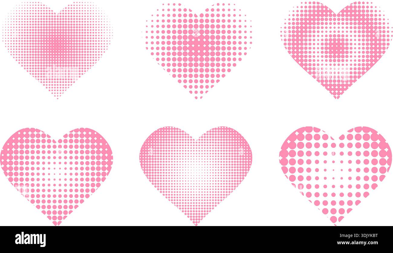 Set di forme a cuore punteggiato rosa. Collezione di forme romantiche con pixel, mosaico, rumore o granulosità alla moda, isolata su sfondo bianco. Elementi di design per San Valentino. Illustrazioni vettoriali. Illustrazione Vettoriale